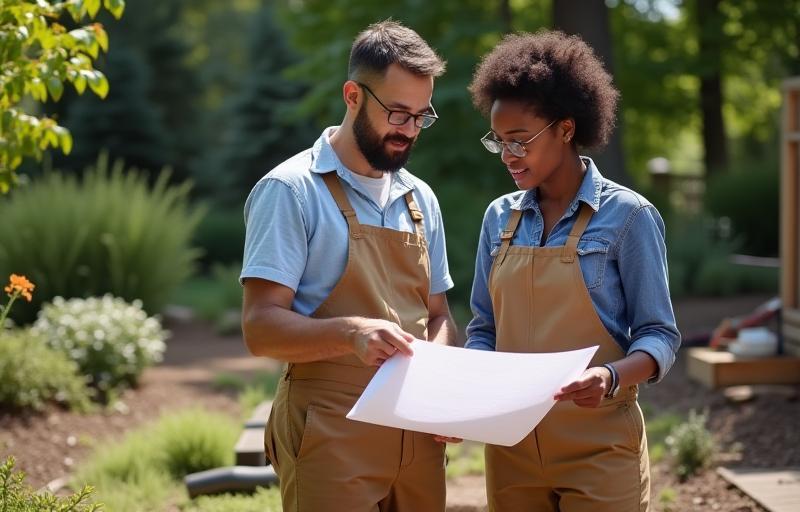 Two team members working together and discussing details on a landscaping project site