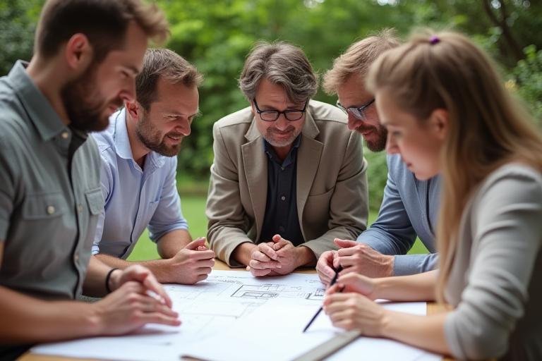 Diverse team members discussing a garden design plan under a shaded area